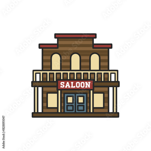 Pixel Art Saloon Building with Balcony and Signage Old West Style Facade with Double Doors and Windows against a Black Background