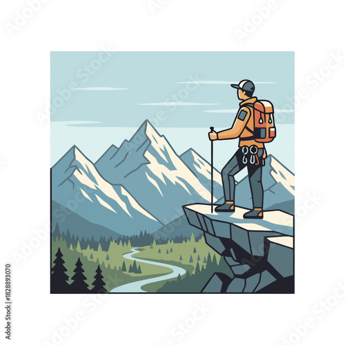 Pixel Art Style Female Hiker Standing on Mountain Ledge with Backpack and Trekking Poles Overlooking Valley and Snow-Capped Peaks in Daytime