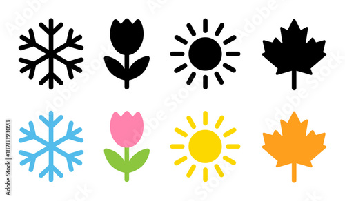Four seasons icons. Symbols of winter, spring, summer and autumn with snowflake, flower, sun and fall leaf. Vector colorful and black silhouette, shadow design.