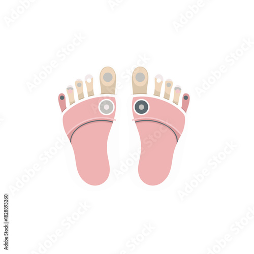 Pair of pink baby booties with red accents and white trim detailed with gray buttons for infant feet isolated on black background flat vector art