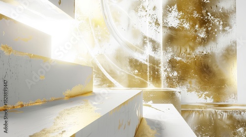 Abstract White and Gold Staircase with Geometric Shapes and Light, Studio Shot, Minimalist Design