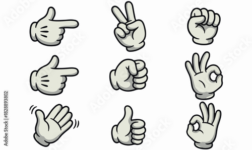 Vintage Cartoon Gloved Hands Vector Set, Rubber Hose Style Hand Gestures on White Background, Cartoon gloved hands, Rubber hose animation style, Vintage hand gestures, White glove illustration, png, 