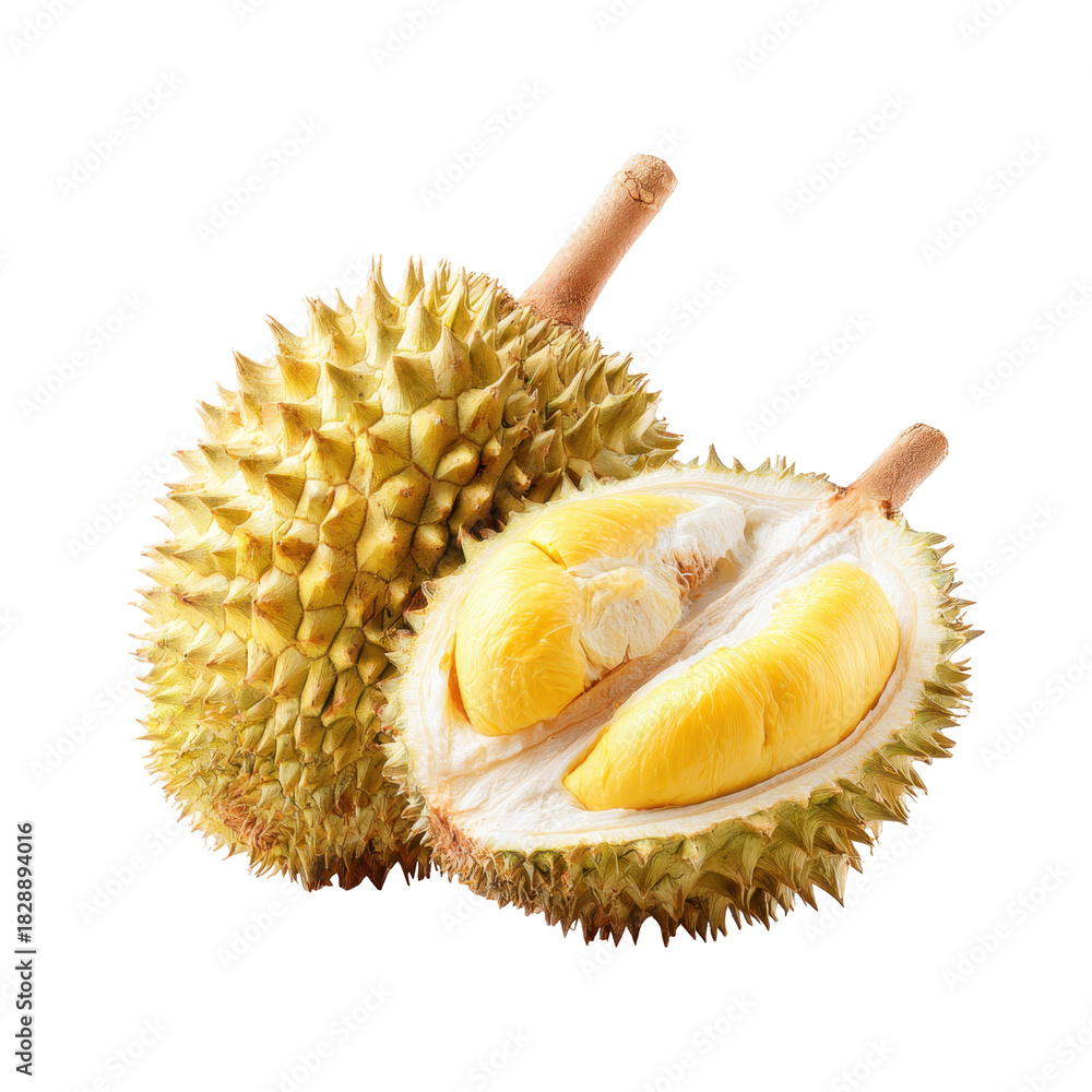 Fototapeta premium Delicious durians ready to enjoy, showcasing their unique texture and tropical flavor in a bright setting
