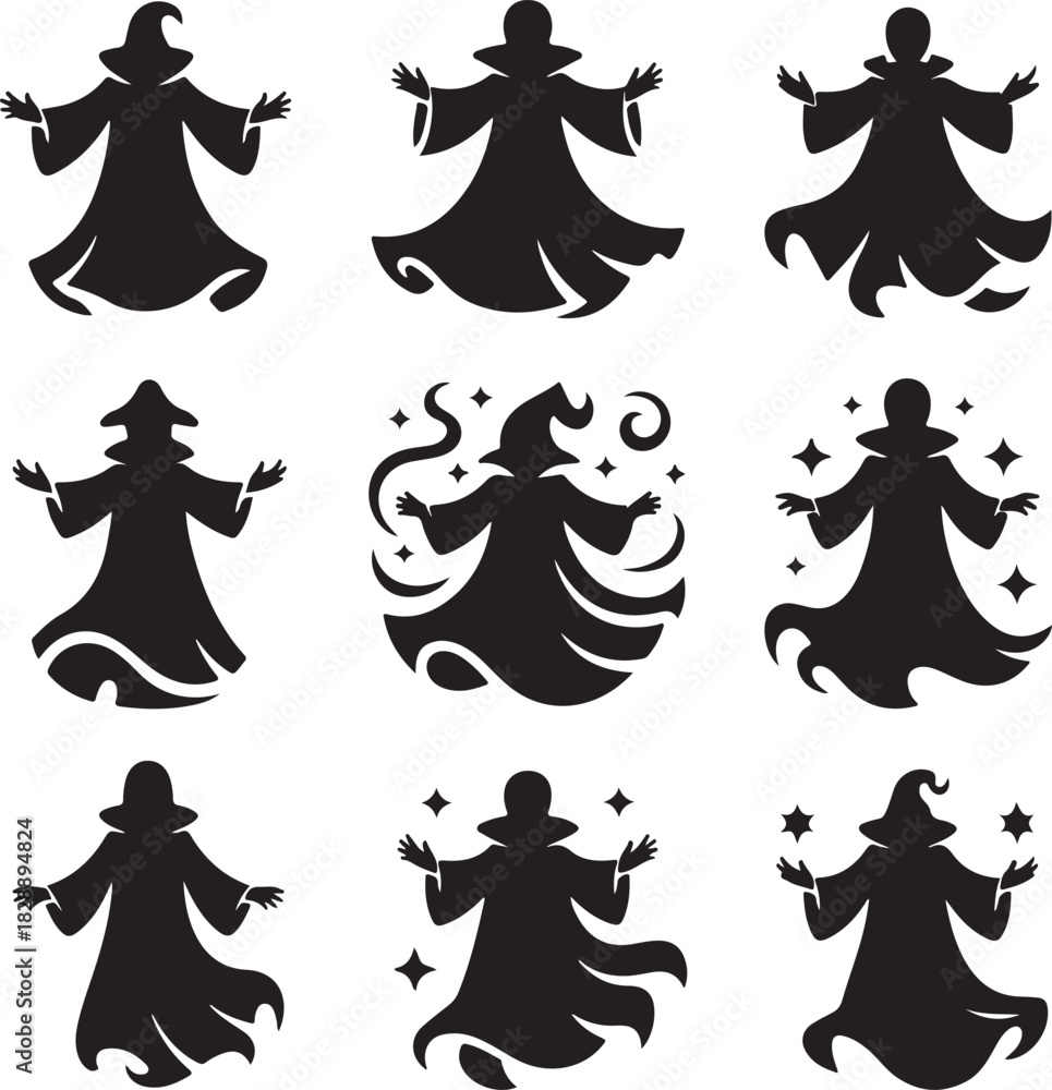 Obraz premium Various black wizard silhouettes with hats magic and mystic atmosphere