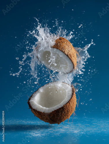 Coconut Split in Half with Coconut Juice Splashes – Food Photography on Blue Background