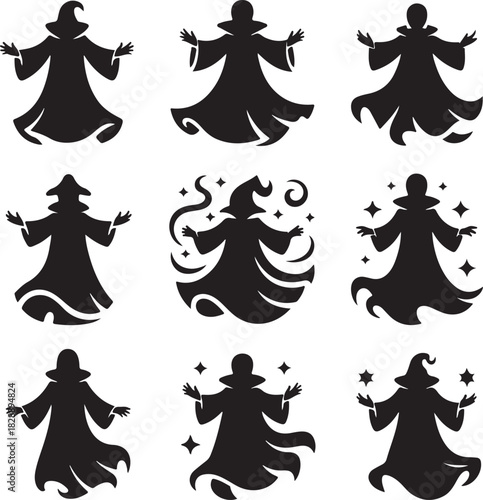 Various black wizard silhouettes with hats magic and mystic atmosphere