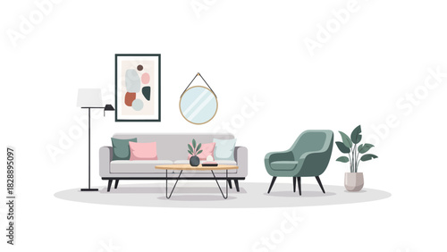 Pixel art living room with sofa armchair coffee table and plants