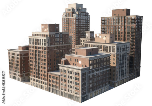 A cluster of detailed realistic urban city buildings isolated on transparent background