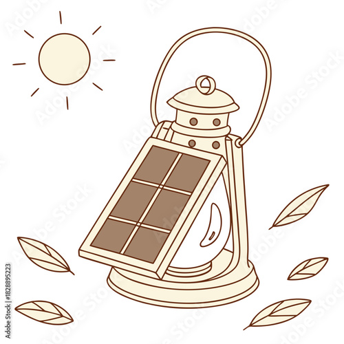 Vintage solar powered lantern charging under the sun with leaves floating around