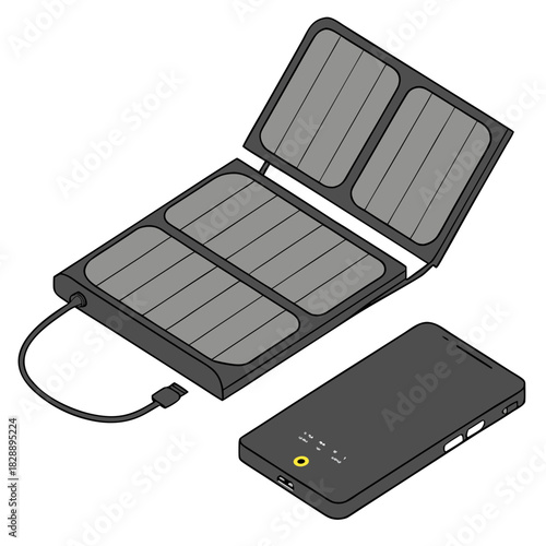 Portable solar panel charger connected to a smartphone for renewable energy and mobile device power