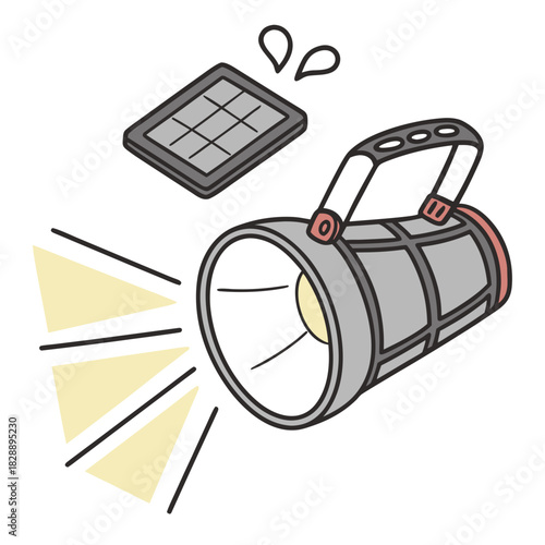 Cartoon illustration of a solar powered flashlight emitting light with a small solar panel nearby