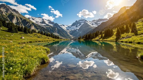 Serene mountain landscape with reflecting lake and verdant meadow under bright sunlight