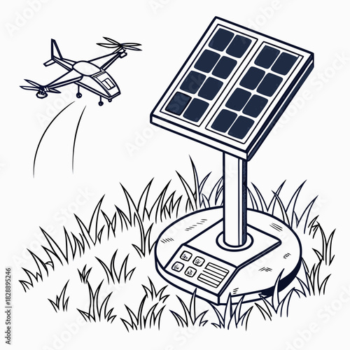 A drone flies near a solar panel mounted on a stand with a control panel on its base in a grassy field