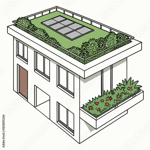 Modern residential building featuring a lush green roof with solar panels and a balcony garden