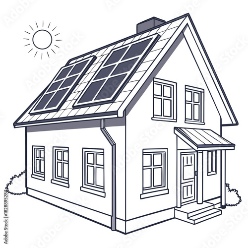 A simple line drawing of a house with solar panels on the roof and the sun shining brightly above