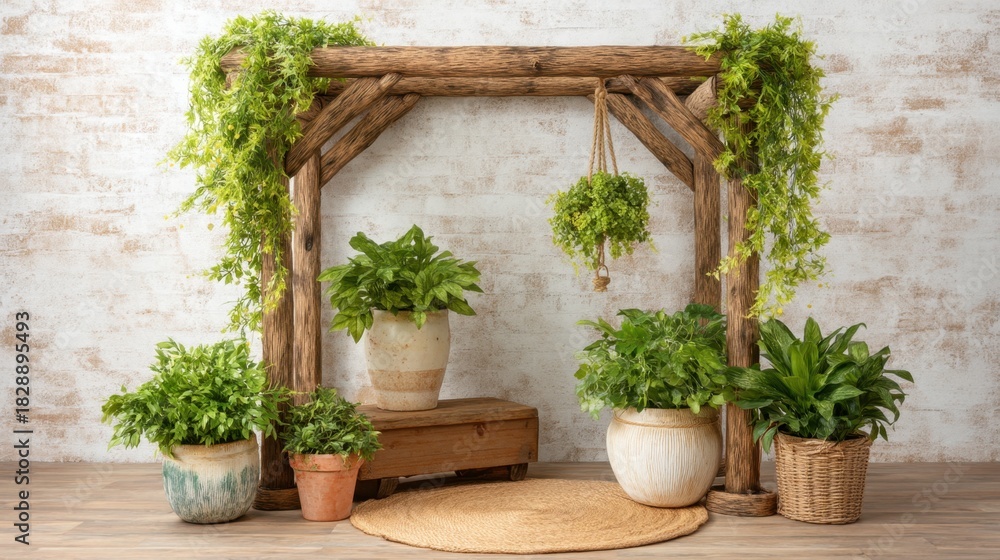 Fototapeta premium Rustic wooden arch adorned with vibrant greenery and lush plants creating a serene indoor garden setting for relaxation and tranquility