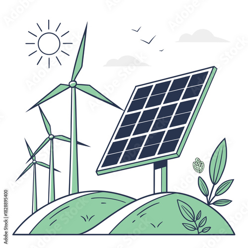 Green energy concept illustration featuring wind turbines and a solar panel on rolling hills under a sunny sky with birds flying