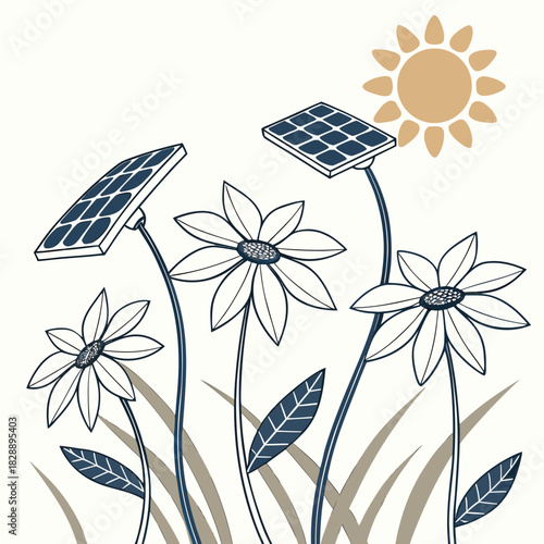 Stylized illustration of daisy like flowers with solar panels on stems and a sun in the sky