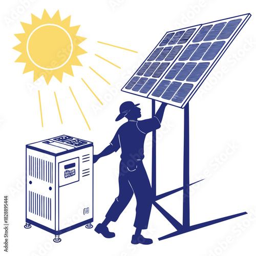 Worker installing solar panel system with sun shining and inverter unit nearby for renewable energy generation