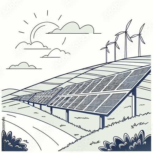 Clean energy landscape featuring rows of solar panels and wind turbines under a sunny sky with clouds