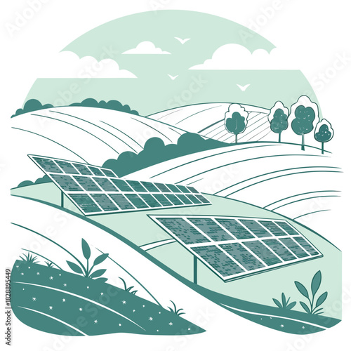 Solar panels installed on rolling green hills under a cloudy sky with birds flying above