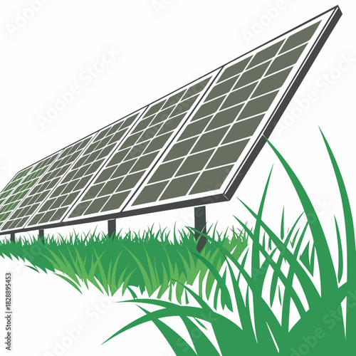 A long row of dark green solar panels angled upwards standing on posts above lush green grass on a white background