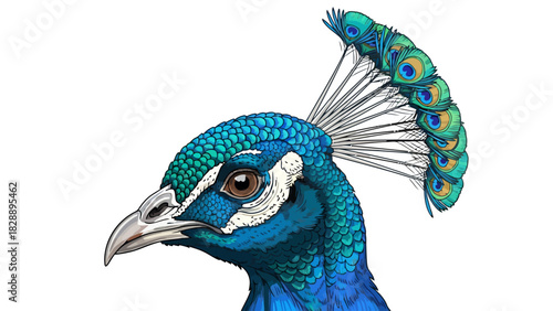 Pixelated peacock head with a fan of iridescent feathers