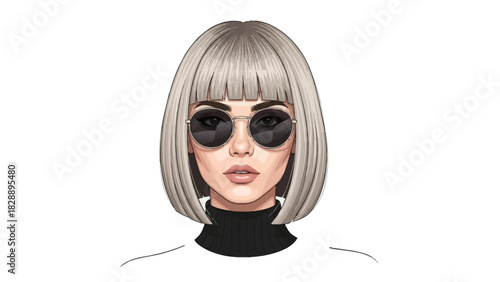 Pixelated portrait of a woman with blonde bob and sunglasses
