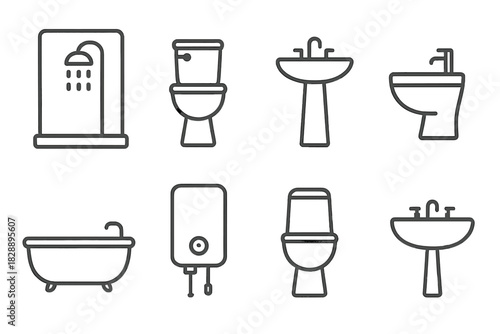Collection of modern outline icons for bathroom and toilet room plumbing equipment