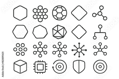 Abstract geometric shapes, network connection symbols, and molecular structure icons