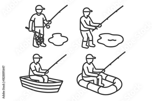 Outline drawings of a fisherman casting a rod from the bank and different boats