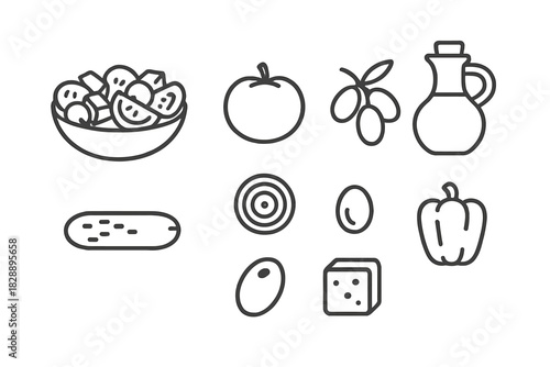 Outline drawings of fresh vegetables cheese and olive oil used as healthy salad ingredients