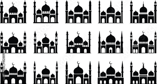 Set of islamic mosque silhouette icons for ramadan kareem eid mubarak islamic holidays and celebrations vector illustration of muslim temples