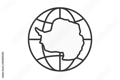 Minimalist black and white outline of the Antarctica continent map on a spherical global grid symbol