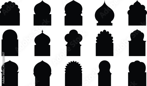 Collection of black silhouette islamic arch designs on white background featuring various shapes and styles for architectural and cultural representation