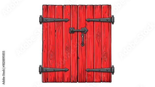 Red wooden double doors with black metal hardware