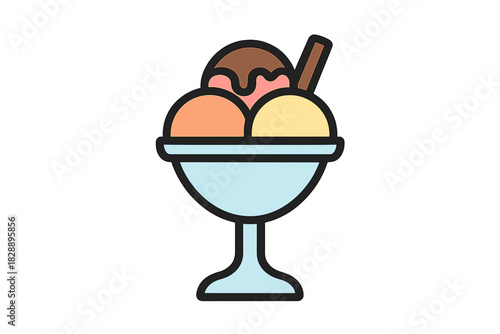 Colorful ice cream sundae dessert in a glass bowl with multiple scoops and chocolate topping