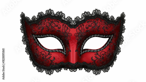 Red Venetian mask with black lace trim and floral pattern