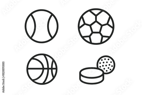 Set of outline icons representing popular sports equipment like tennis, soccer, basketball, and hockey