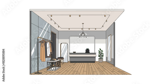 Retail store interior with clothing rack checkout counter and plant