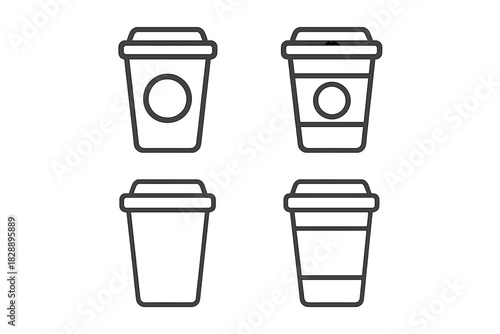Outline graphic showing various styles of disposable takeaway coffee cups for hot drinks