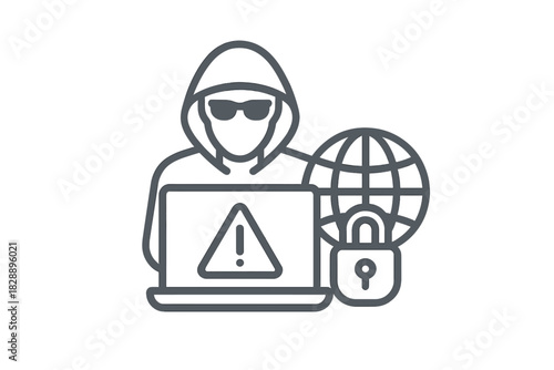 Hacker in a hoodie and sunglasses using a laptop next to a warning sign and global network symbol