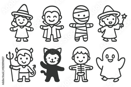 Cute Halloween characters: witch, vampire, mummy, devil, cat, skeleton, and ghost costumes
