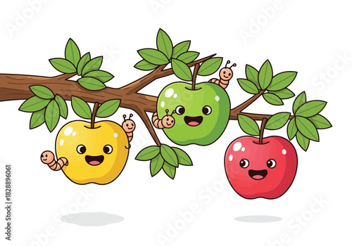 Three cute cartoon apples of different colors hang on a branch with leaves happy fruits with worms smiling