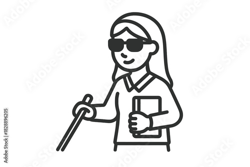 Smiling visually impaired woman using a white cane and carrying a book for accessibility