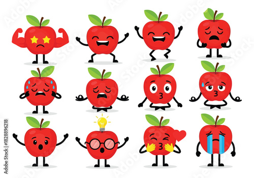 Cartoon apple character set showing different emotions such as happy, sad, angry, surprised, and confused expressions