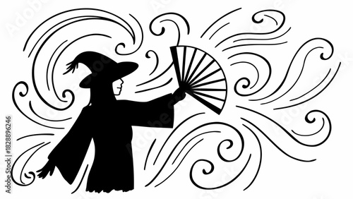 Silhouette of a witch with a hat and a fan surrounded by swirling wind patterns in black and white shahid