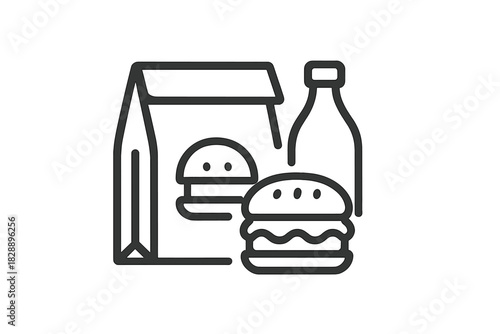 Fast food takeout delivery order with hamburger, beverage bottle, and paper bag