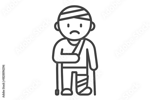 Injured person standing with multiple bandages and casts using crutches for support