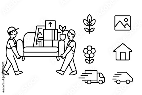 Moving, relocation, and delivery services line icons featuring workers carrying furniture, transport trucks, and home symbols